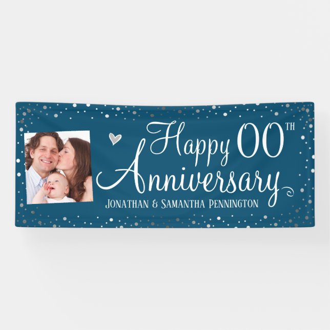 Happy Anniversary Any Year Photo Silver Confetti Banner (Horizontal)