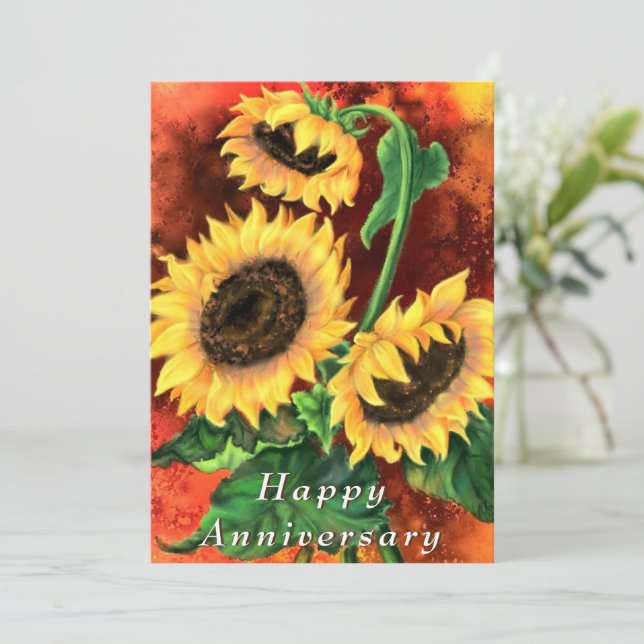 Happy Anniversary - Beautiful Three Sunflowers Art (Standing Front)