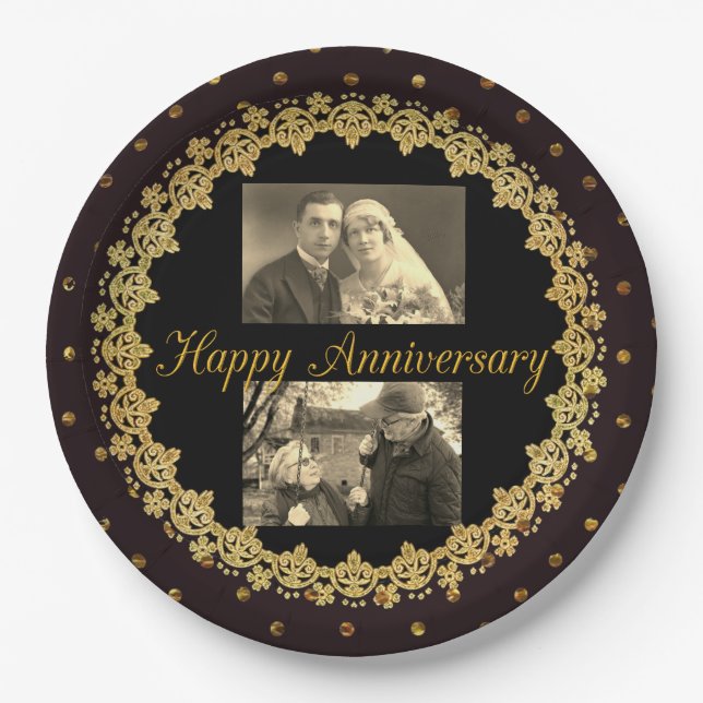 Happy Anniversary Black & Gold Personalised Plate (Front)