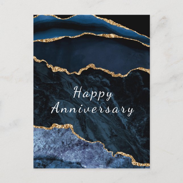 Happy Anniversary Card Agate Navy Blue Gold Marble (Front)