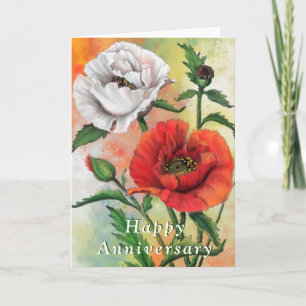 Happy Anniversary Card Red White Poppy Flowers