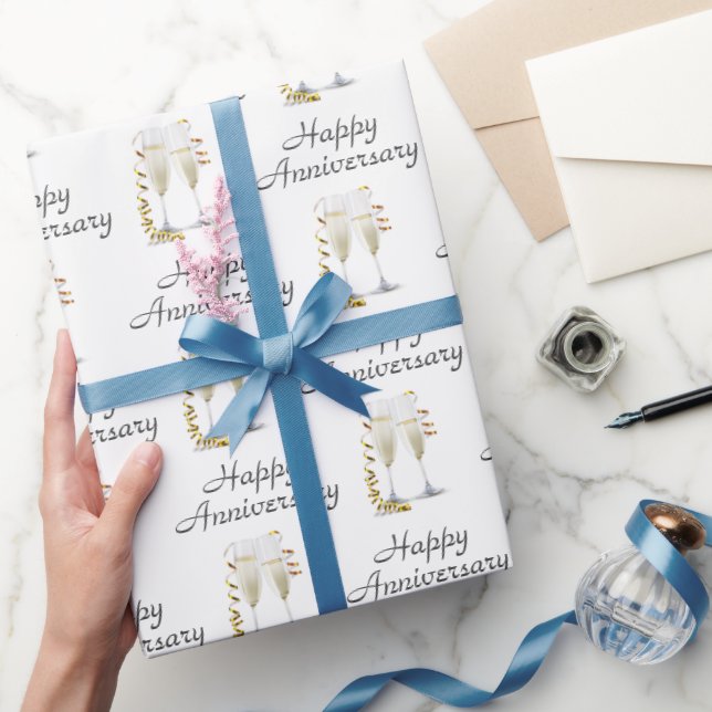 Happy Anniversary Champagne Toast On White Wrapping Paper (Gifting)