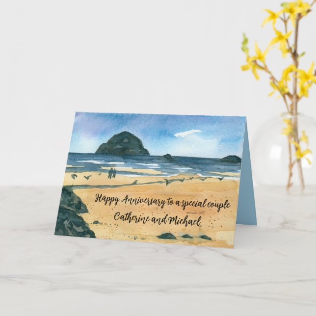 Happy Anniversary Couple Ocean Beach Custom Name Card (Yellow Flower)