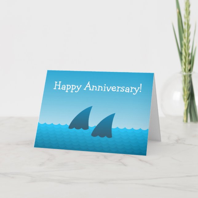 Happy Anniversary Couple Shark Fins Blue Sea Card (Front)