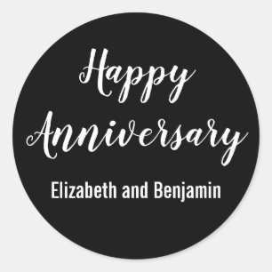 Happy Anniversary Couple's Names Black and White Classic Round Sticker