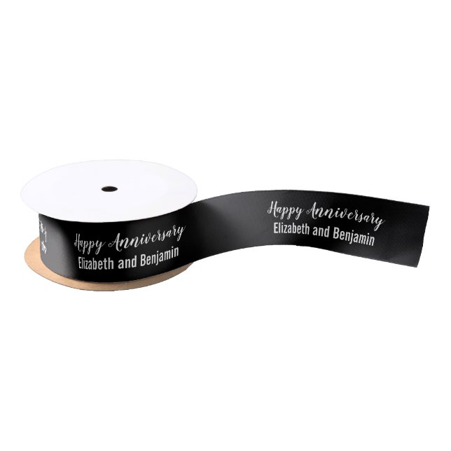 Happy Anniversary Couple's Names Black and White Satin Ribbon (Spool)