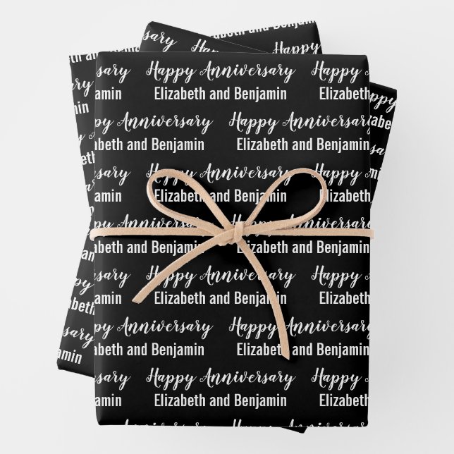 Happy Anniversary Couple's Names Black and White Wrapping Paper Sheet (In situ)