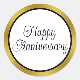 Happy Anniversary Cursive Script Black White Gold Classic Round Sticker