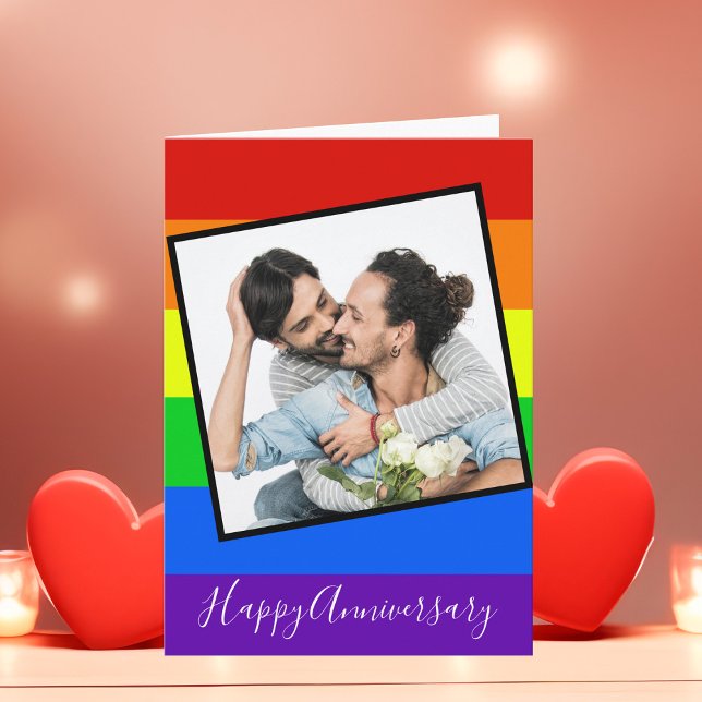 Happy Anniversary Gay Couple Photo Custom Rainbow Card (Creator Uploaded)