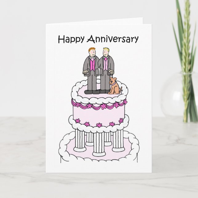 Happy Anniversary Gay Couple With Dog on Cake Card (Front)