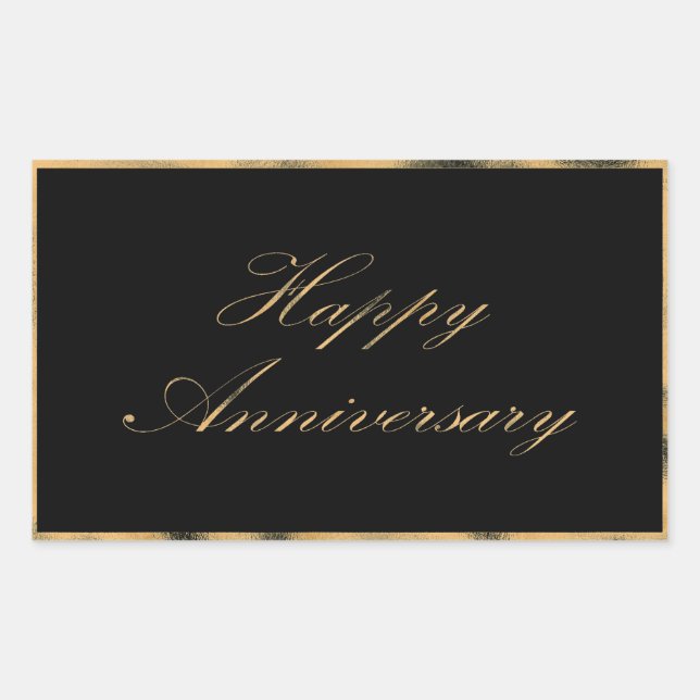 Happy Anniversary gold trim and font script black Rectangular Sticker (Front)
