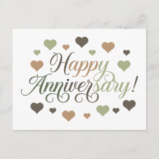 Happy Anniversary Green Brown Hearts Rustic Elegan Postcard
