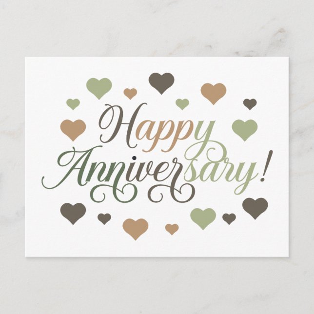 Happy Anniversary Green Brown Hearts Rustic Elegan Postcard (Front)