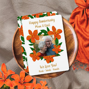 Happy Anniversary Mom and Dad Orange Red Floral Holiday Card