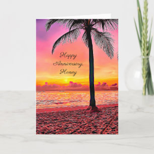 Happy Anniversary Palm Tree at Sunset Ocean Breeze Holiday Card