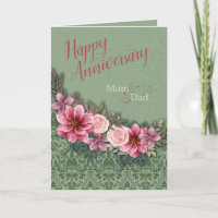 Happy Anniversary Parents Red Pink on Green Damask