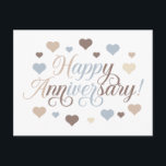 Happy Anniversary Pastel Hearts Romantic Elegant Postcard<br><div class="desc">Celebrate your special anniversary with this soft and elegant design featuring beautiful pastel hearts in blush pink, blue, brown, and cream tones. The delicate colour palette and flowing script typography create a romantic, sophisticated look perfect for expressing your love. This anniversary card is ideal for couples celebrating wedding anniversaries, relationship...</div>