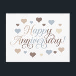 Happy Anniversary Pastel Hearts Romantic Elegant Postcard<br><div class="desc">Celebrate your special anniversary with this soft and elegant design featuring beautiful pastel hearts in blush pink, blue, brown, and cream tones. The delicate colour palette and flowing script typography create a romantic, sophisticated look perfect for expressing your love. This anniversary card is ideal for couples celebrating wedding anniversaries, relationship...</div>
