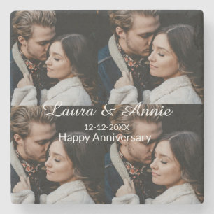 Happy anniversary photo collage name date simple w stone coaster