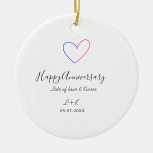 Happy anniversary pink blue heart name date simple ceramic tree decoration