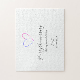 Happy anniversary pink blue heart name date simple jigsaw puzzle