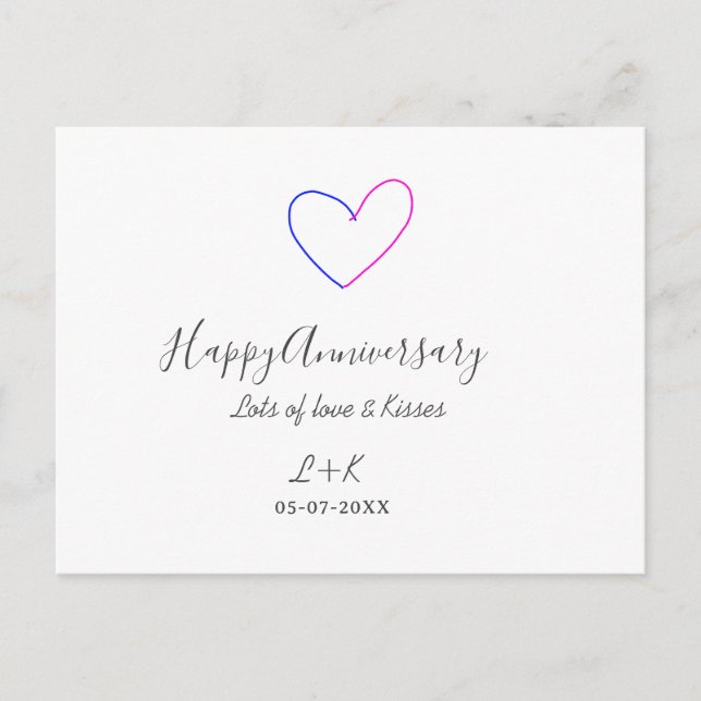 Happy anniversary pink blue heart name date simple postcard (Front)