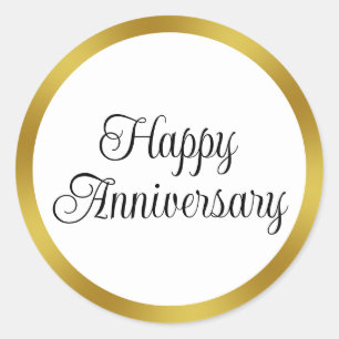 Happy Anniversary Script Black White Gold Elegant Classic Round Sticker