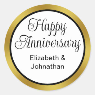 Happy Anniversary Script & Names Black White Gold Classic Round Sticker