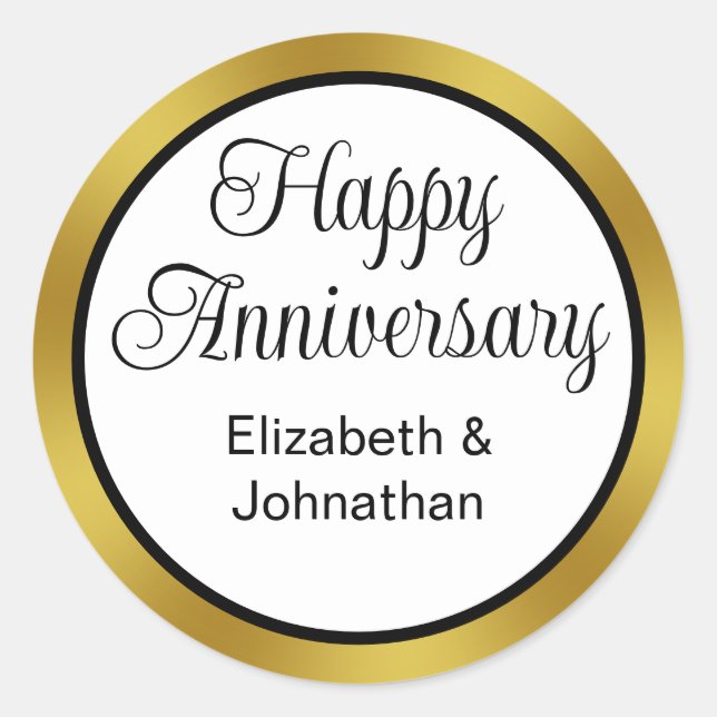 Happy Anniversary Script & Names Black White Gold Classic Round Sticker (Front)