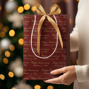 Happy Anniversary Script with Name Burgundy Gold Medium Gift Bag