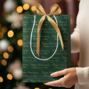 Happy Anniversary Script with Name Green Gold Medium Gift Bag