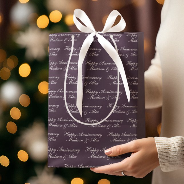 Happy Anniversary Script with Name Plum Medium Gift Bag (Creator Uploaded)