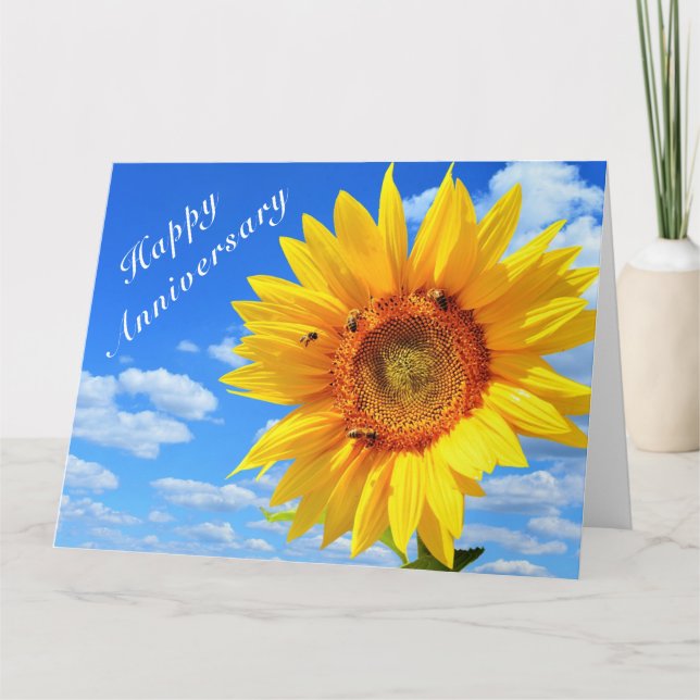 Happy Anniversary - Sunflower and Bees on Blue Sky Card (Front)