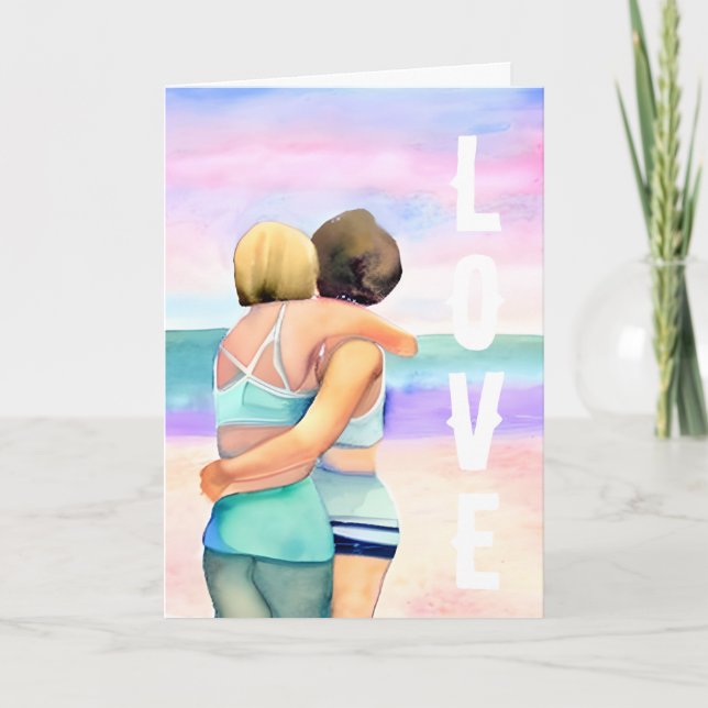Happy Anniversary | Two Woman Embracing on Beach  Card (Front)