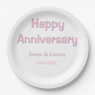 Happy anniversary wedding name date year pink grey paper plate