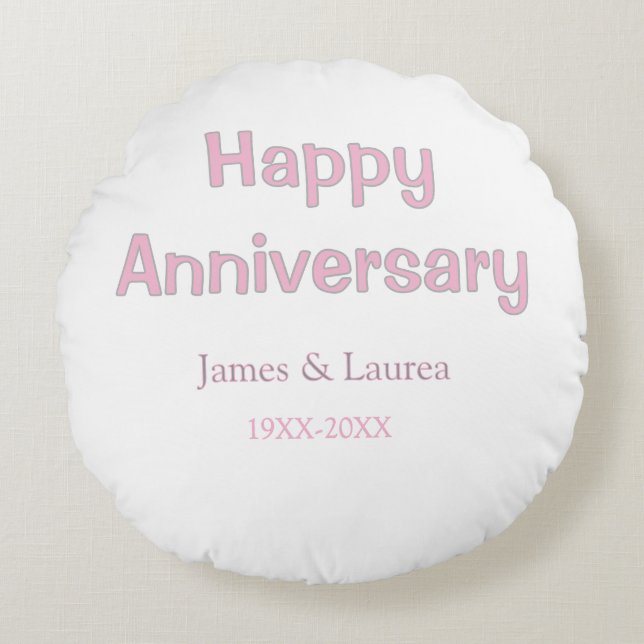Happy anniversary wedding name date year pink grey round cushion (Front)