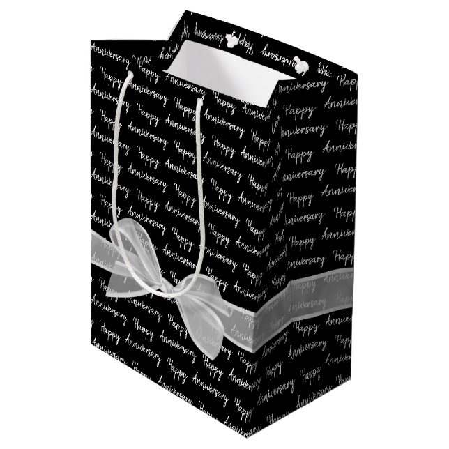 Happy Anniversary White Bow On Black Medium Gift Bag (Back Angled)