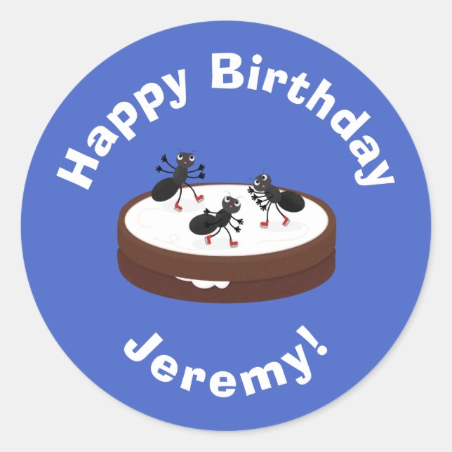 Happy ants ice skating on cookie cartoon classic round sticker (Front)