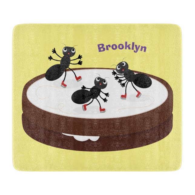 Happy ants ice skating on cookie cartoon cutting board (Front)