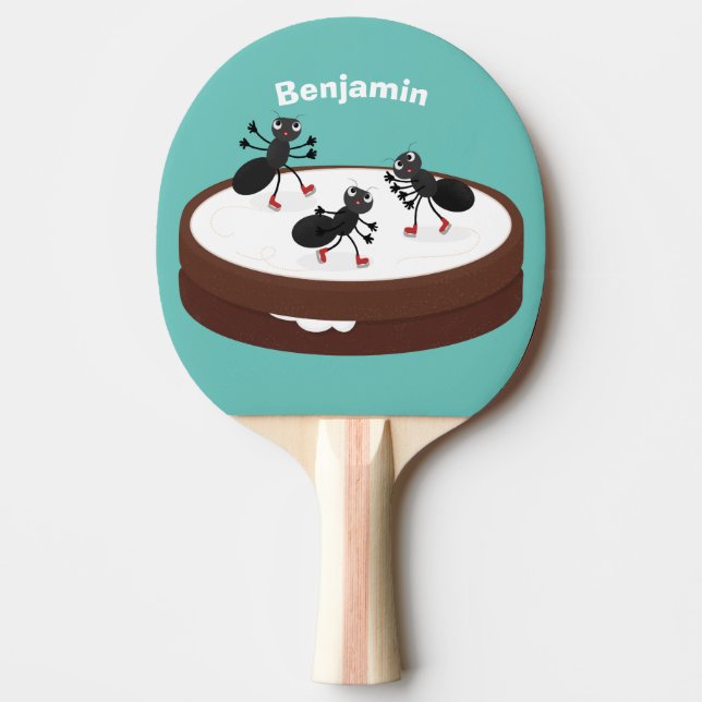 Happy ants ice skating on cookie cartoon ping pong paddle (Front)
