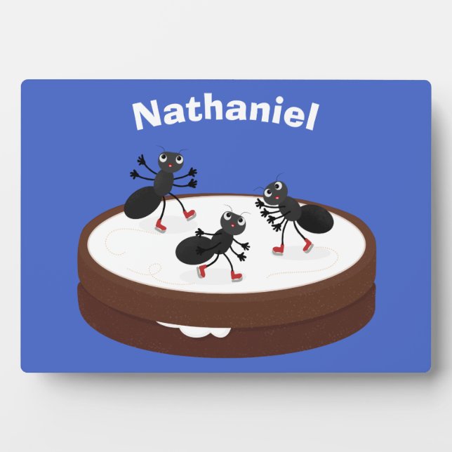 Happy ants ice skating on cookie cartoon plaque (Front)