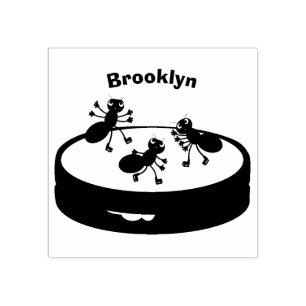 Happy ants ice skating on cookie cartoon rubber stamp