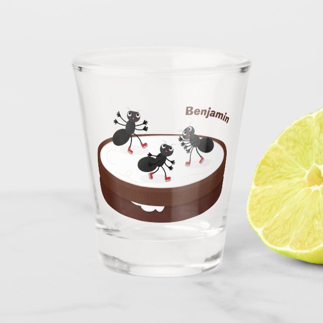 Happy ants ice skating on cookie cartoon shot glass (Front)