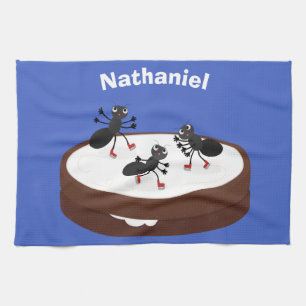 Happy ants ice skating on cookie cartoon tea towel
