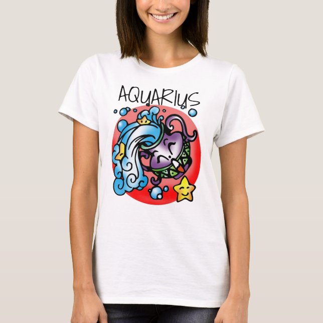 Happy Aquarius Purple Cartoon Vase spilling water T-Shirt (Front)
