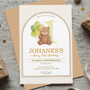 Happy Arch Stripped Teddy Bear Baloons Birthday Invitation