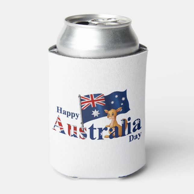 Happy Australia Day Cute Kangaroo Flag Can Cooler (Can Front)