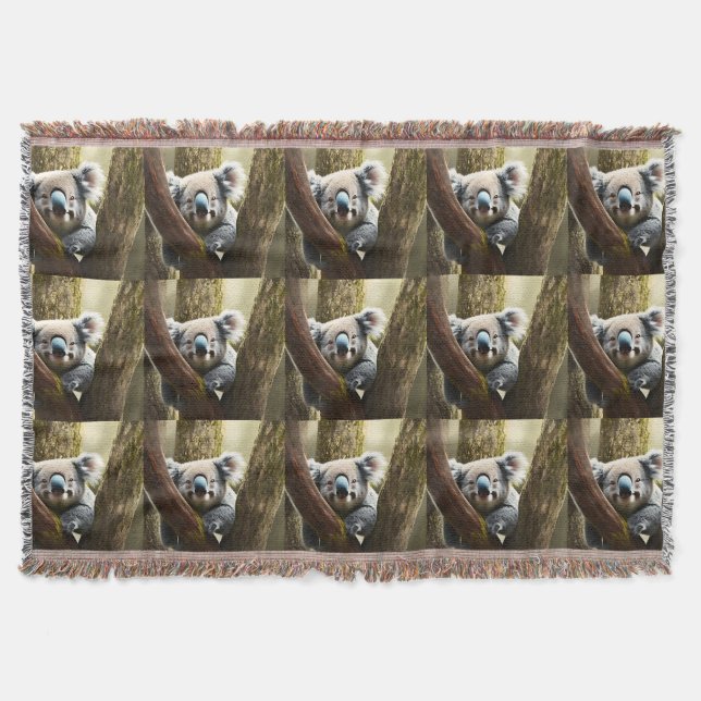 Happy Australian Koala In Tree, Throw Blanket (Front)