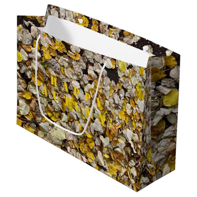Happy Autumn or your text, Autumn Leaves Fall Large Gift Bag (Front Angled)