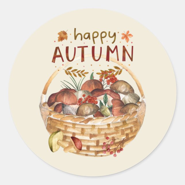 Happy Autumn Wild Mushroom Basket Harvest   Classic Round Sticker (Front)